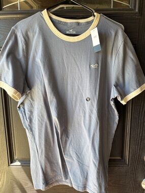 Hollister Men's Slate Blue Ringer Tee with Cream Trim